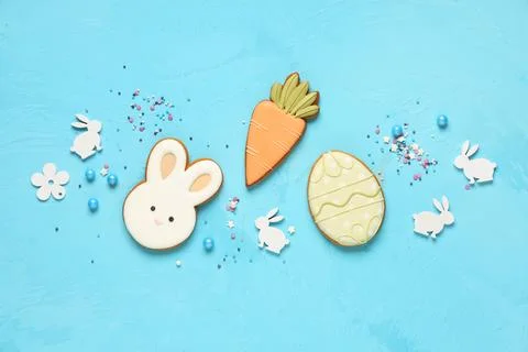 Composition with tasty Easter cookies and sprinkles on blue background Stock Photos