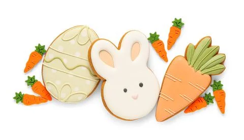 Composition with tasty Easter cookies and decorative carrots isolated on whit Stock Photos