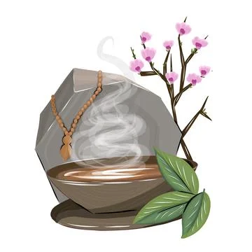 Composition with tea and cherry blossoms. Oriental theme. Tea drinking Stock Illustration