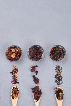 The composition of tea with different types of tea. Stock Photos