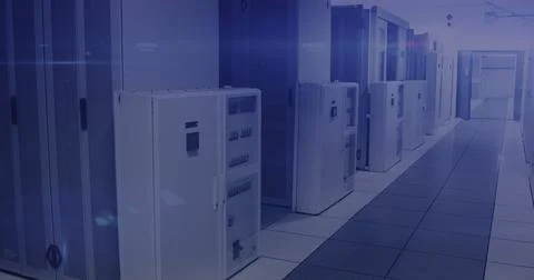 Composition of tech room with computer servers on blue background Illustrazione stock