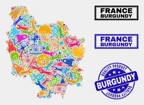 Composition of Technology Burgundy Province Map and Quality Product Stamp Illustrazione stock