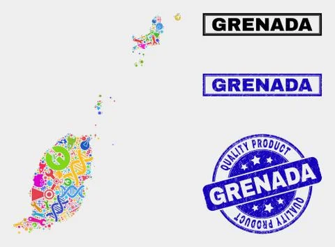 Composition of Technology Grenada Map and Quality Product Seal Illustrazione stock