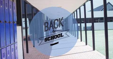Composition of text back to school in black on blue circle and school corridor Stock Photos