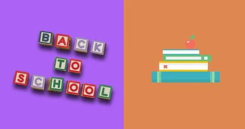 Composition of text back to school in block letters on purple, and stack of Stockillustratie