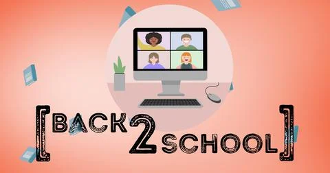 Composition of text back to school with notebooks and video call on computer Stock Illustration