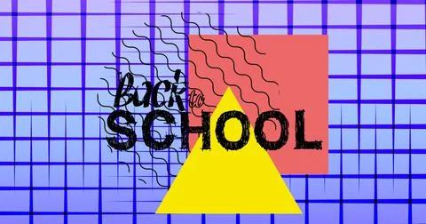 Composition of text back to school over yellow triangle and red square on purple Illustrazione stock