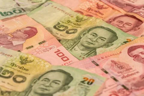 A composition of Thai baht. THB banknotes Stock Photos