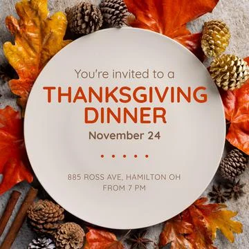 Composition of thanksgiving dinner text over leaves and pine cones Stock Photos