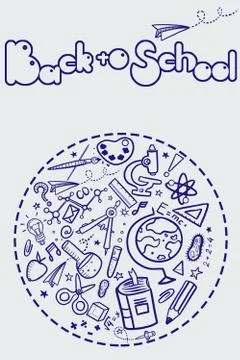 Composition on the theme back to school. icons in a round dotted line and ins Stockfoto's