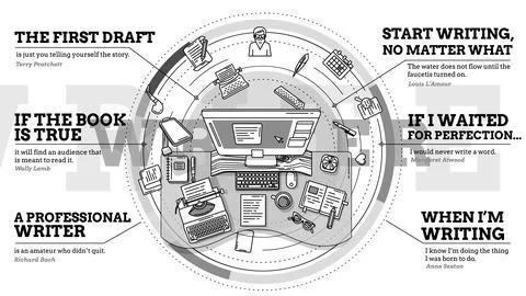 Composition on the theme of the work of writers and copywriters. Stock Illustration