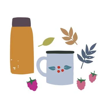 Composition with thermos, camping mug and raspberries. Tea time in nature Illustration