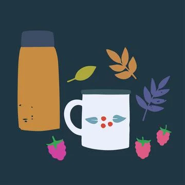Composition with thermos, camping mug and raspberries. Tea time in nature Illustration