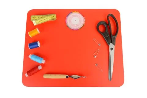 Composition with threads and sewing accessories . Sewing pattern. Flat lay, t Foto stock