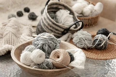 Composition with threads, yarn for knitting close-up. Stock Photos
