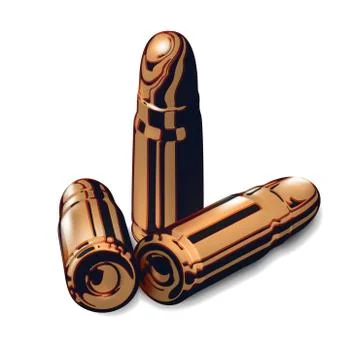 Composition from Three 3d golden or brass pistol cartridges. Isolated Stock Illustration