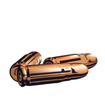 Composition from Three 3d golden or brass pistol cartridges. Isolated Stock Illustration