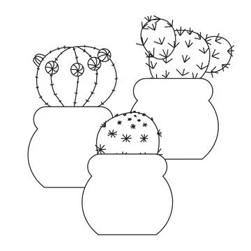 Composition of three cute little cacti in pots, in doodle style. Vector ill.. Stock Illustration
