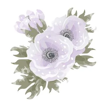 Composition of three delicate purple flowers and watercolor leaves Stock Illustration