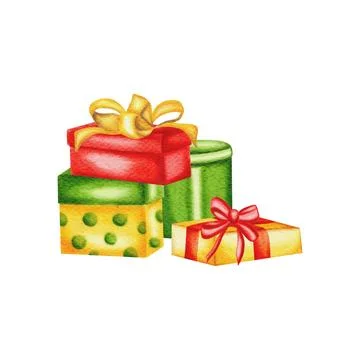 A composition of three gift boxes with bows, executed in red, green, and ye.. Illustrazione stock