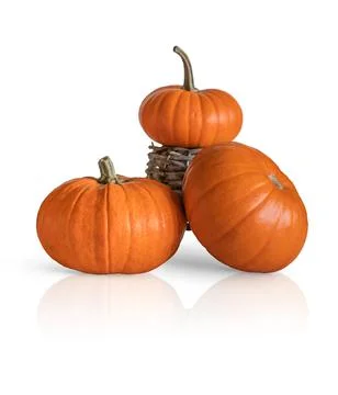 Composition with three orange pumpkins isolated on white background. Foto stock