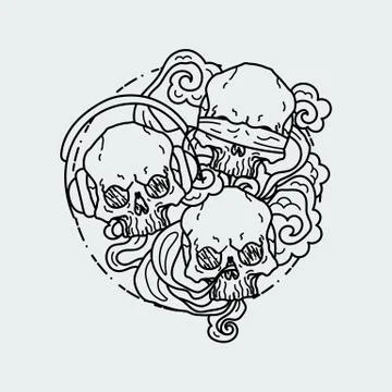 Composition of three skulls. Vector illustration of black and white tattoo gr Stock Illustration