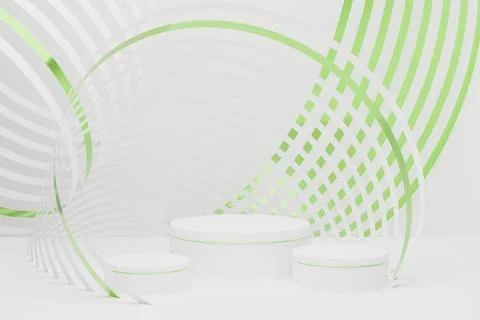Composition of three white round podiums, luxury metallic green waves in flui Stock Photos
