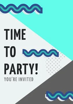 Composition of time to party text and message with dots and waves, on three blue Illustrazione stock