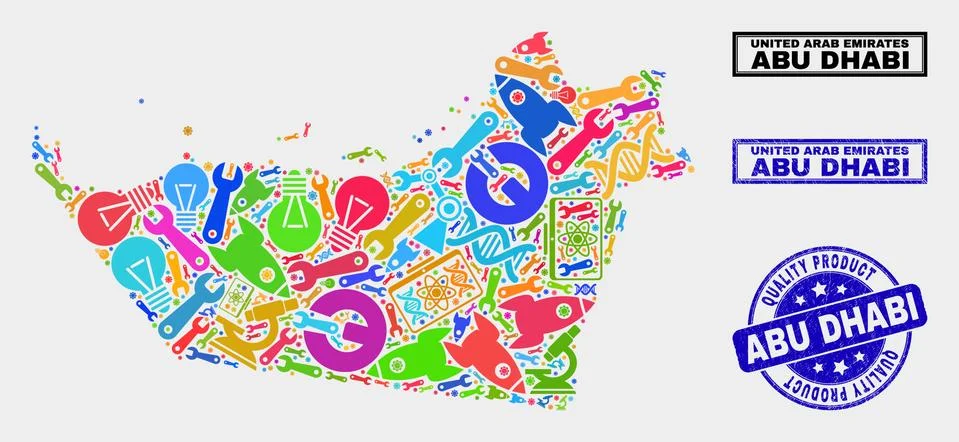 Composition of Tools Abu Dhabi Emirate Map and Quality Product Stamp Stock Illustration