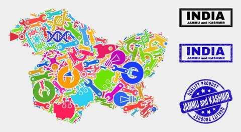 Composition of Tools Jammu and Kashmir State Map and Quality Product Stamp Stock Illustration
