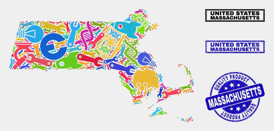 Composition of Tools Massachusetts State Map and Quality Product Watermark Stock-Illustration