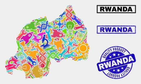 Composition of Tools Rwanda Map and Quality Product Stamp Seal 스톡 일러스트