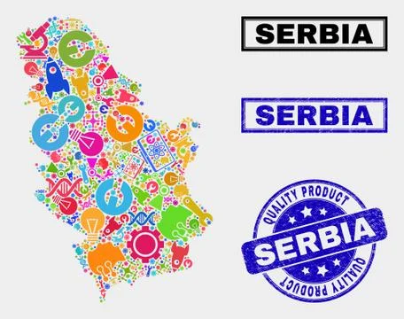 Composition of Tools Serbia Map and Quality Product Stamp Stock Illustration