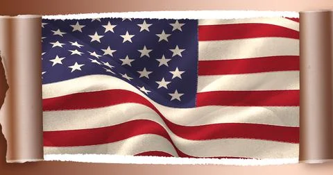 Composition of torn rectangle in brown paper revealing american flag 스톡 사진