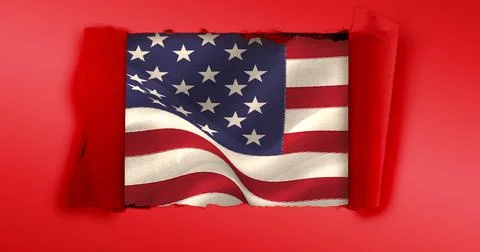 Composition of torn rectangle in red paper revealing american flag Stock Illustration