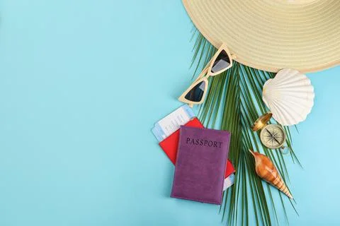 Composition with tourist's stuff on color background, top view Stock Photos