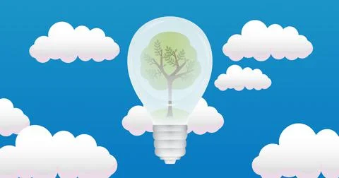 Composition of tree in light bulb over blue sky and clouds background Stock Illustration