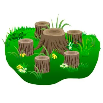 Composition with  tree stubs in grass and flowers  for landscape or garden sc Stock Illustration