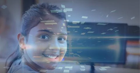 Composition of tunnel with colourful rectangles over smiling schoolgirl using Foto stock