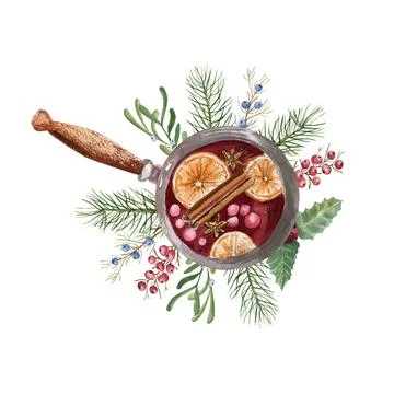 Composition - Turk mulledin with winter decor - spruce twigs, berries, mistletto Stock Illustration