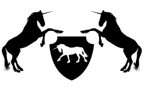 Composition of two black reared unicorns and white unicorn, painted on the sh Stock Illustration