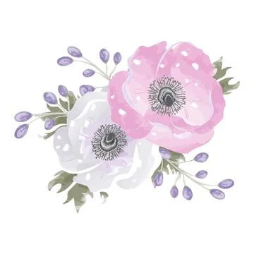Composition of two delicate flowers and watercolor leaves Stock Illustration