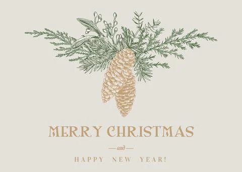 Composition with two golden spruce cones. Vector botanical illustration. Wint Illustrazione stock