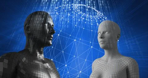 Composition of two human models over globe with network of connections and Illustrazione stock