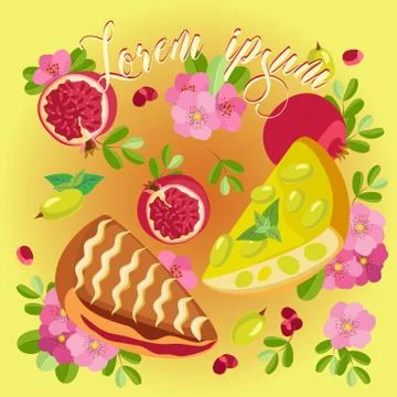 Composition of two pieces of different pies surrounded by fruits and flowers Stock Illustration
