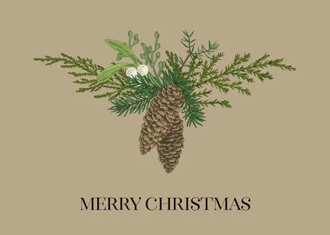 Composition with two spruce cones. Christmas vintage card. Craft. Stock Illustration
