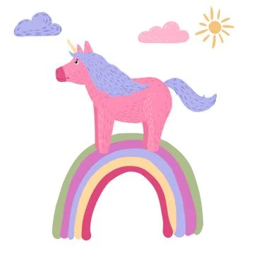 Composition unicorn standing on rainbow on white background. Cartoon cute cha Stock Illustration