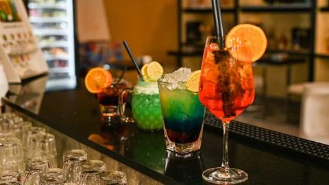Composition of various coktails on the counter Stock Photos