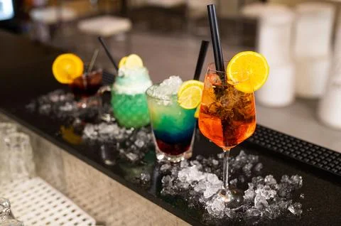 Composition of various coktails on the counter Stock Photos