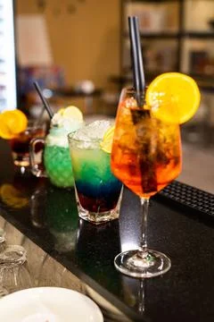 Composition of various coktails on the counter Stock Photos